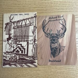 2 Vintage Postcards Mohawk Trail MA Native American Buck Vandercraft Wood Cedar